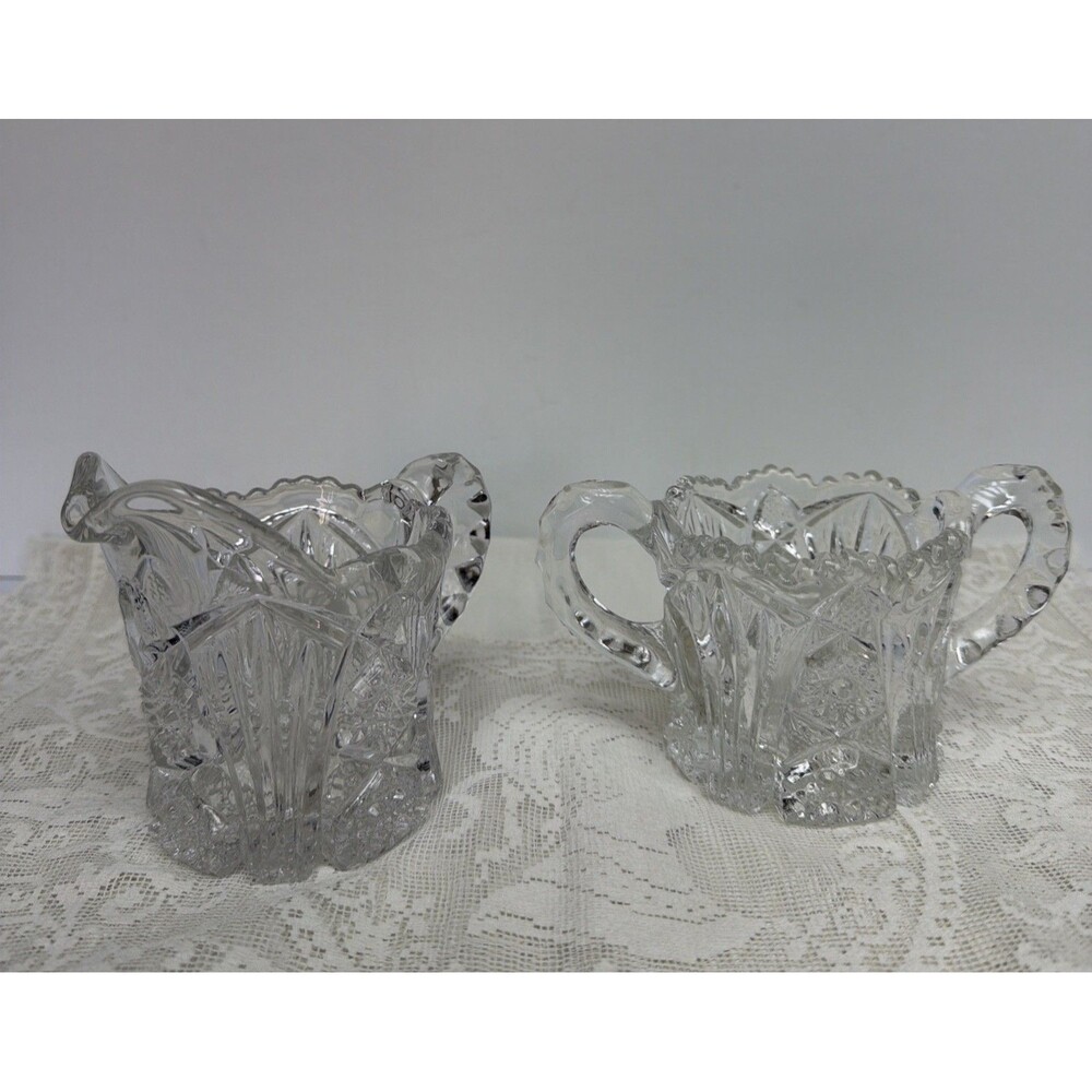 EAPG Antique Imperial Glass Nucut Open Sugar And Creamer Sawtooth Crystal